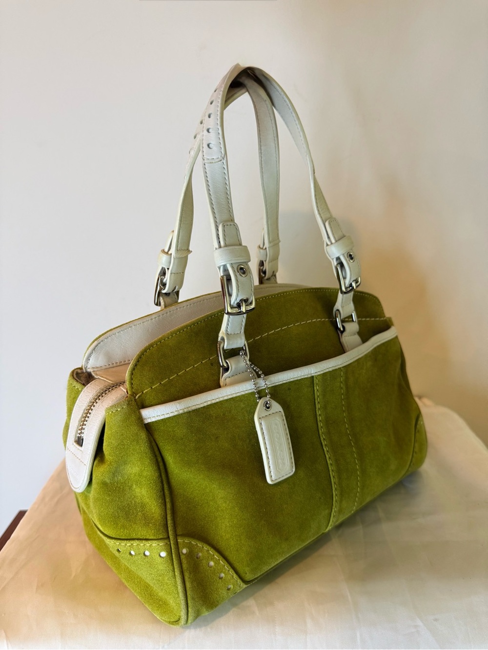 ULTRA RARE! Coach (2004) Hamptons Suede Carryall Satchel- Matcha/White - Picture 2 of 9